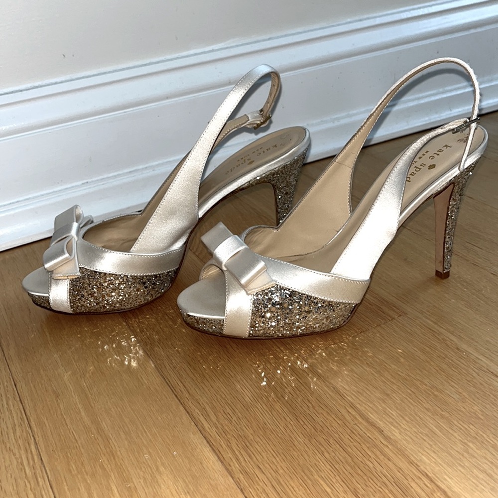 Kate Spade bridal wedding shoes satin bows sparkle heels 7.5